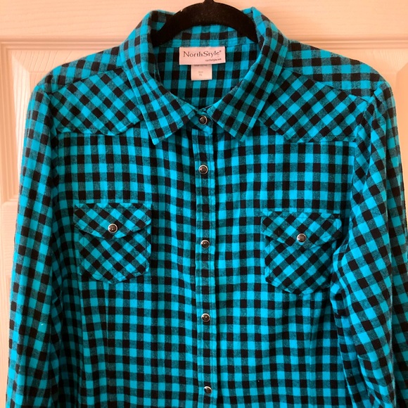 Buffalo Plaid Flannel Shirt, Snap Front, Long Roll-Tab Sleeves by North Style - Picture 1 of 6